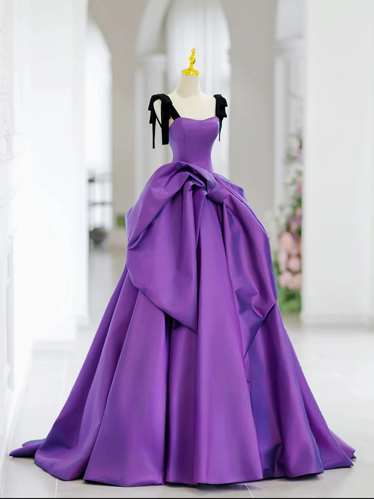 A-Line Sweetheart Neck Satin Purple Long Prom Dress, Purple Long Formal Dress - Deanwangkt