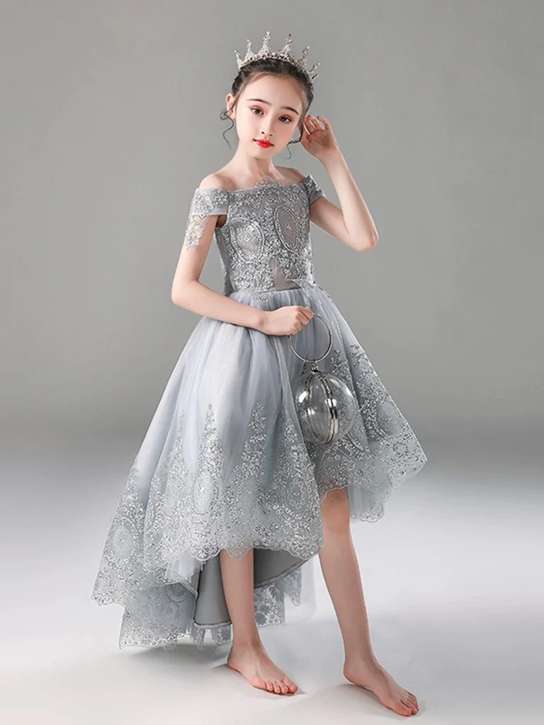 A-Line Gray Tulle Lace High Low Flower Girl Dress - Deanwangkt