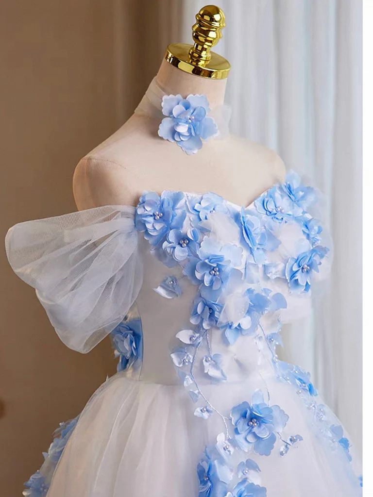 A-Line Tulle Flower White Short Prom Dress, White Homecoming Dress - Deanwangkt