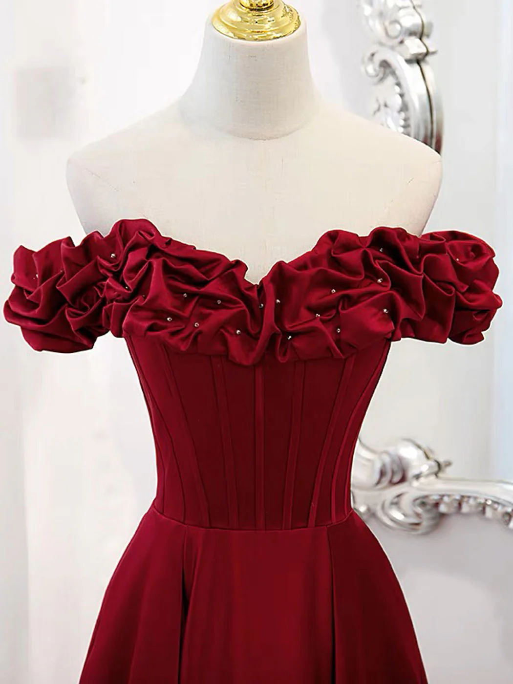 A-Line Off Shoulder Satin Burgundy Long Prom Dress, Satin Burgundy Evening Dress - Deanwangkt
