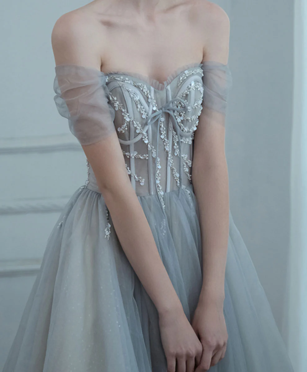 Gray Blue Long Prom Dress, Gray Blue Graduation Formal Dress with Beading - Deanwangkt