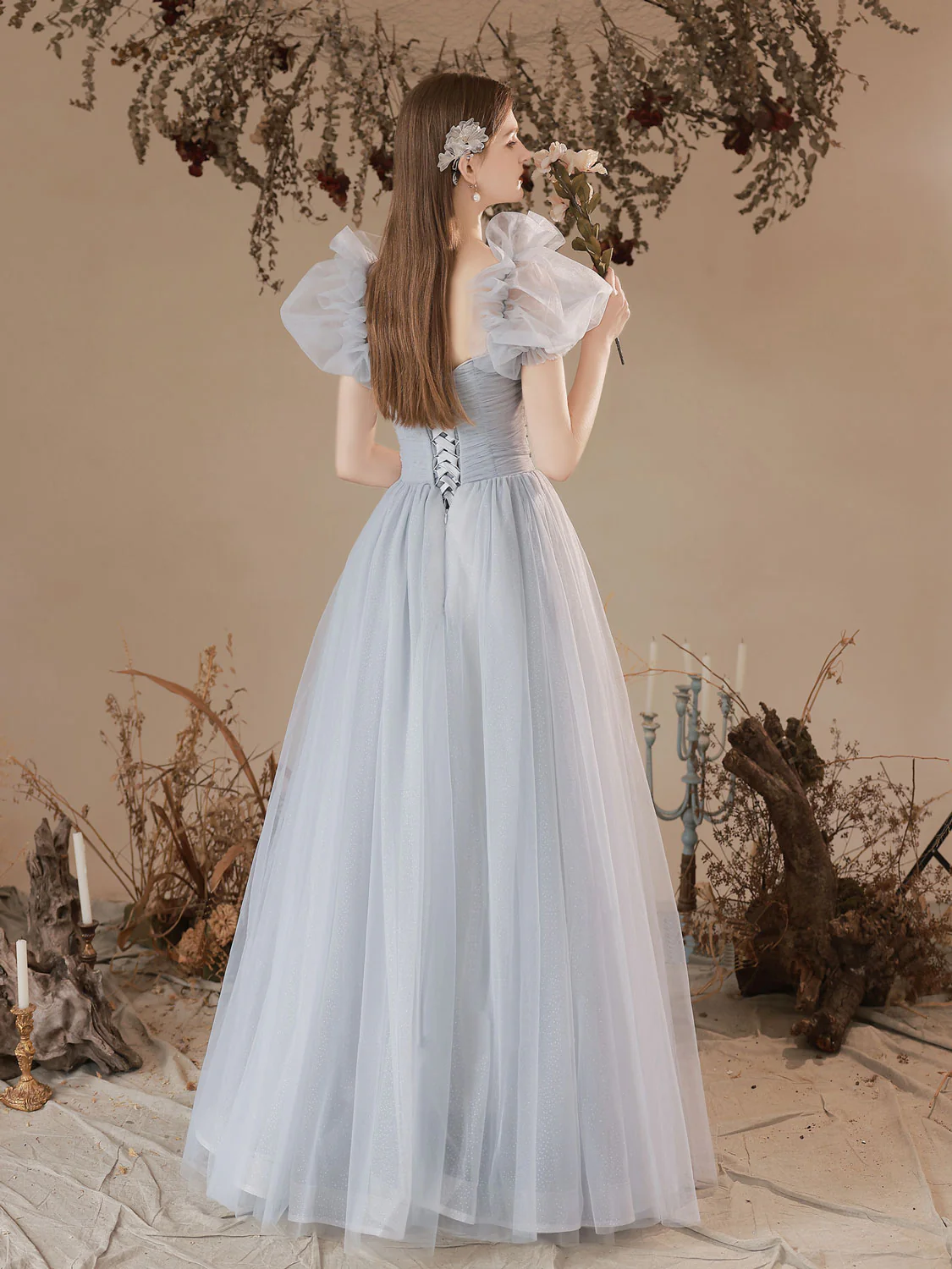 A-Line Sweetheart Neck Tulle Long Prom Dress, Blue Formal Graduation Dresses - Deanwangkt