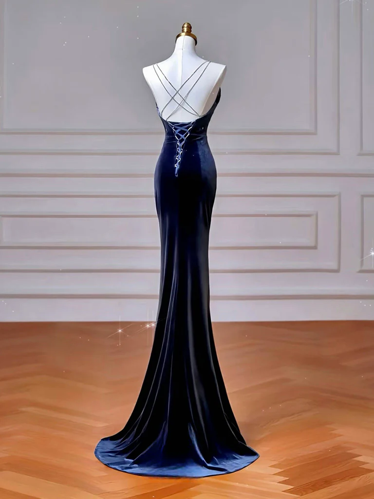Simple Mermaid Velvet Dark Blue Long Prom Dress, Dark Blue Long Formal Dress - Deanwangkt