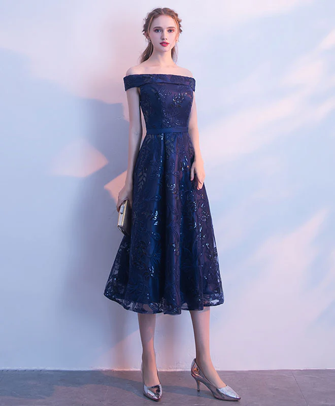 Dark Blue Lace Sequins Short Prom Dress, Evening Dress - Deanwangkt