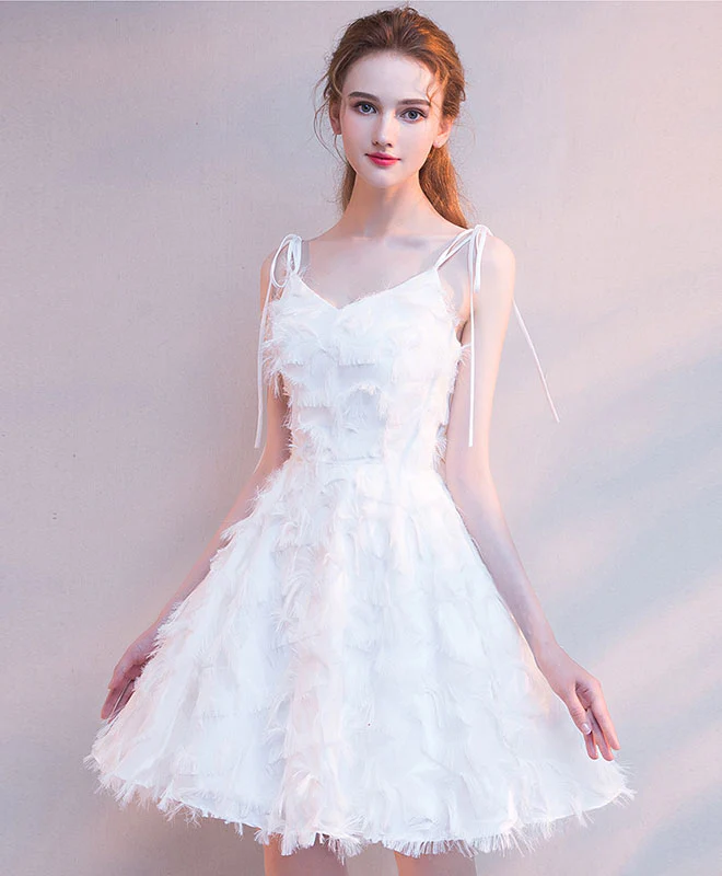 White V Neck Short Prom Dress, White Homecoming Dress - Deanwangkt