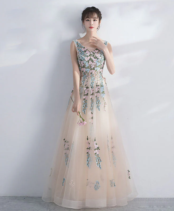 Champagne Round Neck Tulle Lace Long Prom Dress, Evening Dress - Deanwangkt