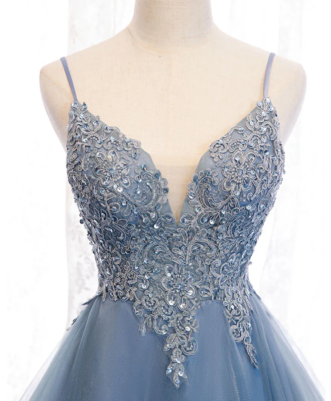 Blue Sweetheart Tulle Lace High Low Prom Dress, Blue Homecoming Dress - Deanwangkt