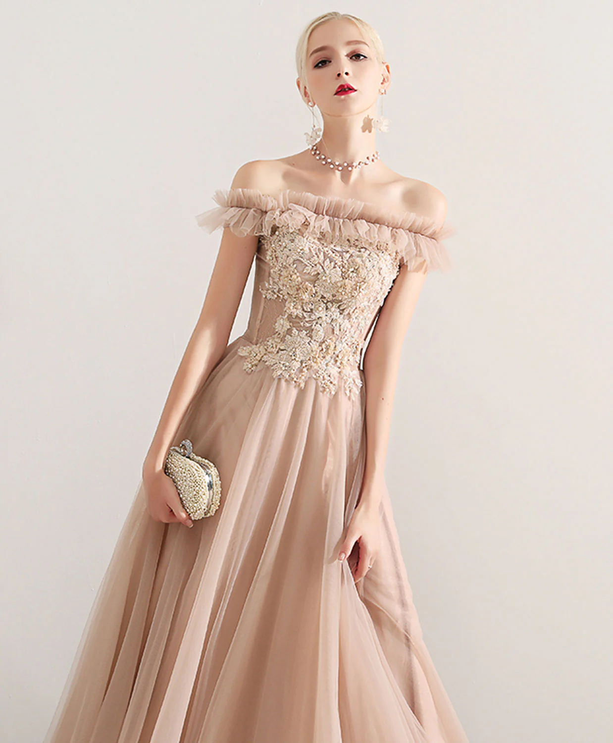 Champagne Tulle Lace Long Prom Dress, Champagne Tulle Evening Dress - Deanwangkt