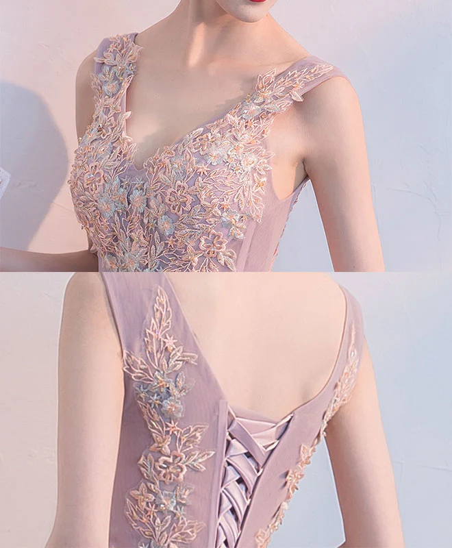 Cute V Neck Light Pink Tulle Lace Prom Dress, Tulle Evening Dress - Deanwangkt