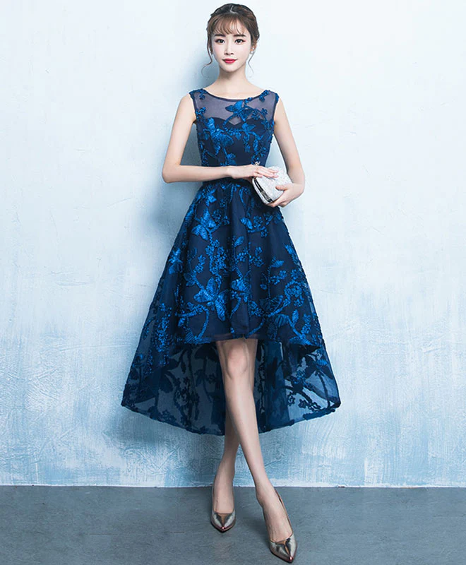 Dark Blue High Low Short Prom Dress, Lace Evening Dress - Deanwangkt