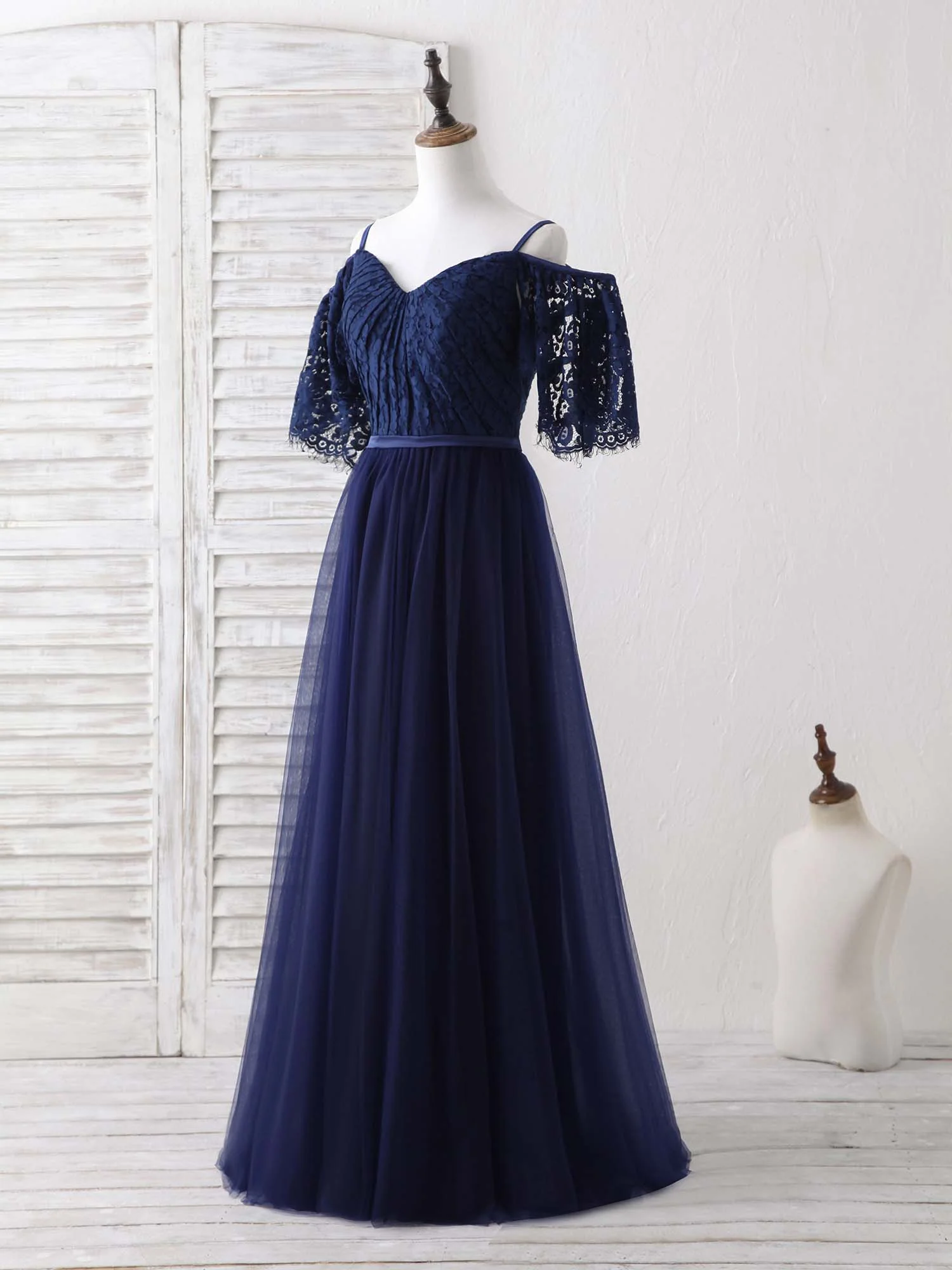 Dark Blue A-Line Lace Tulle Long Prom Dress Blue Evening Dress - Deanwangkt