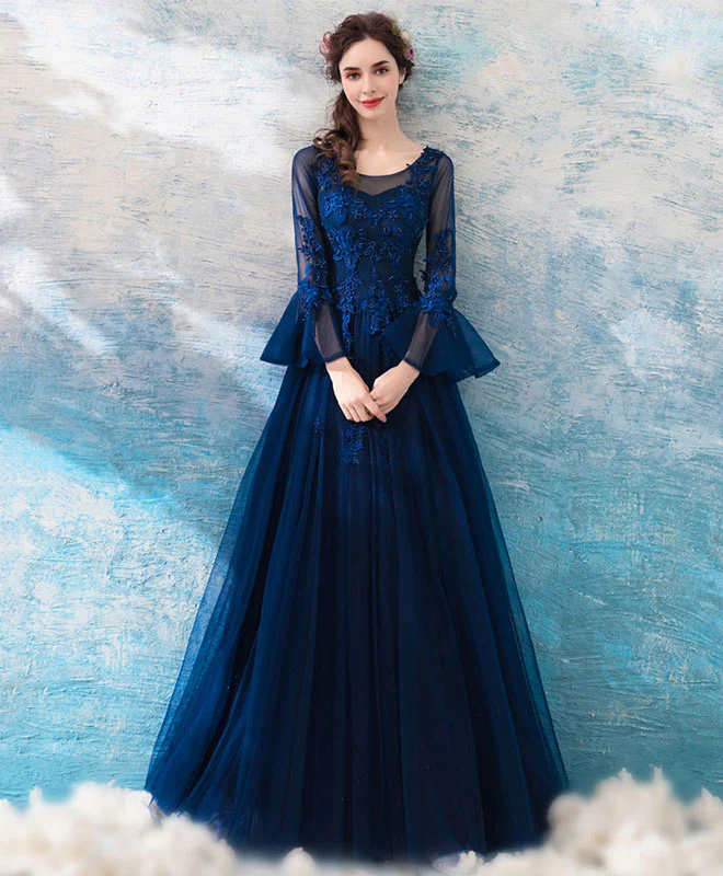 Blue Round Neck Lace Tulle Long Prom Dress, Lace Evening Dress - Deanwangkt