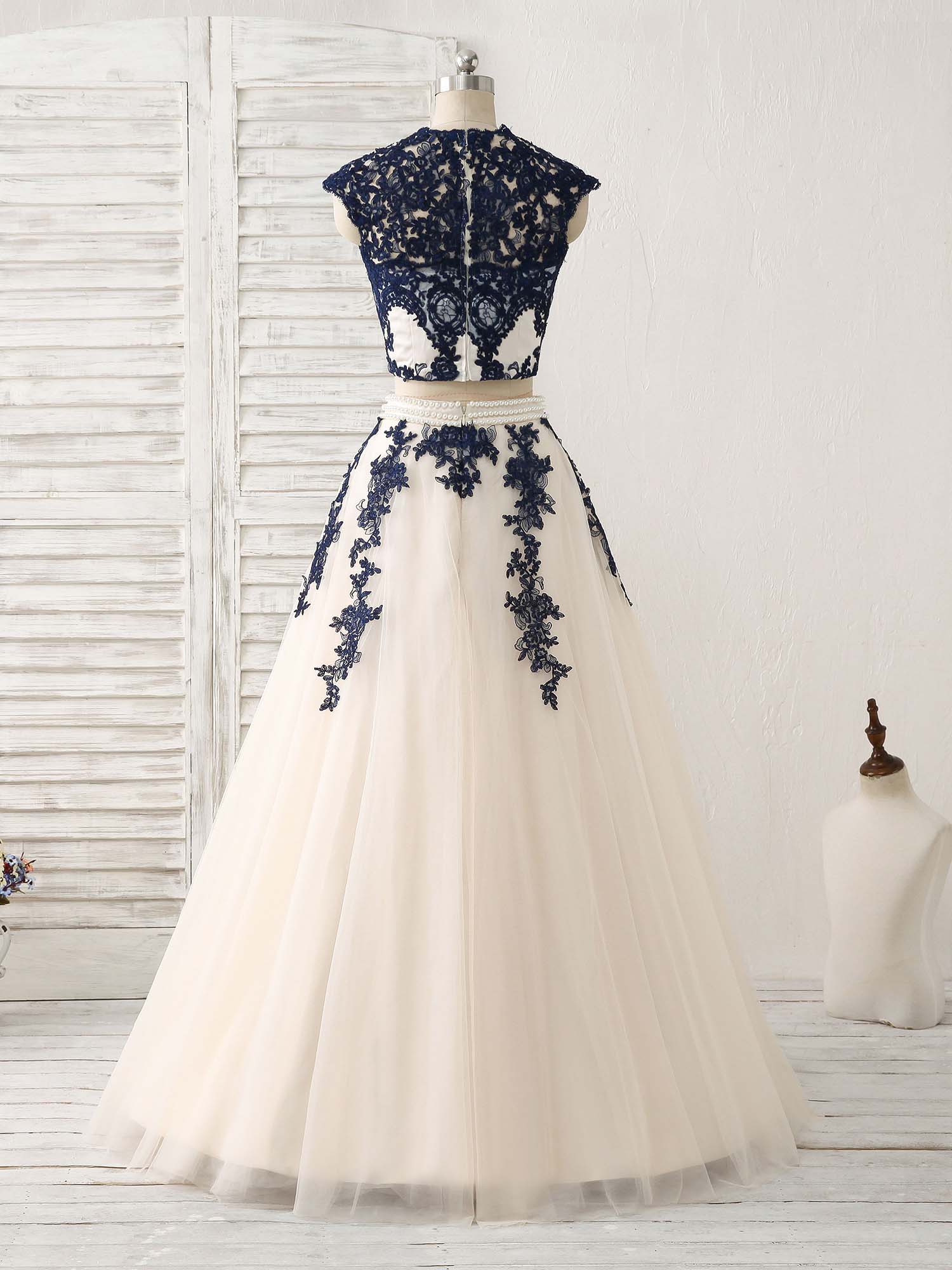 Dark Blue Two Pieces Lace Tulle Long Prom Dress Blue Evening Dress - Deanwangkt