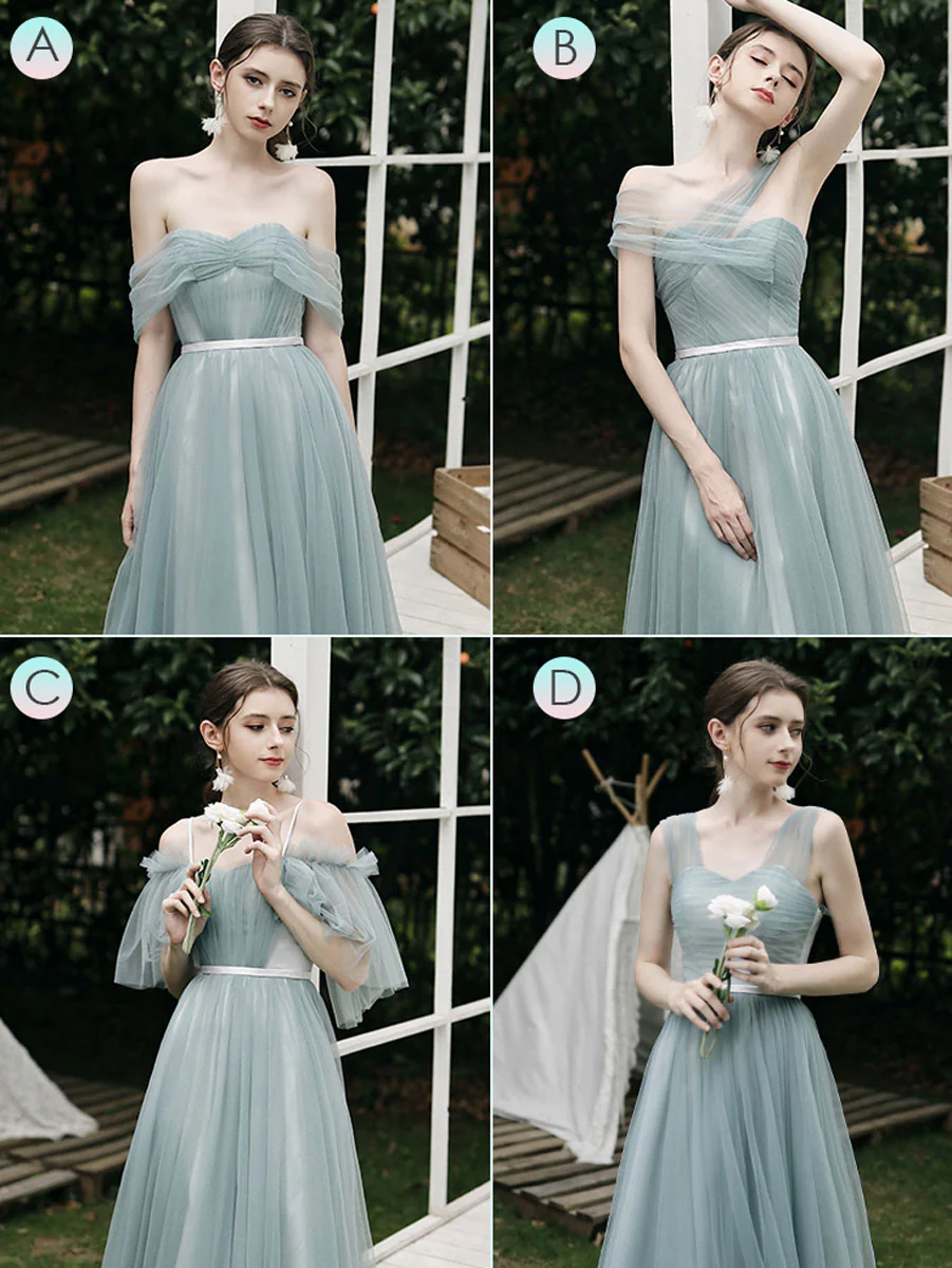 Simple A line Green Tulle Long Prom Dress, Green Tulle Bridesmaid Dresses - Deanwangkt