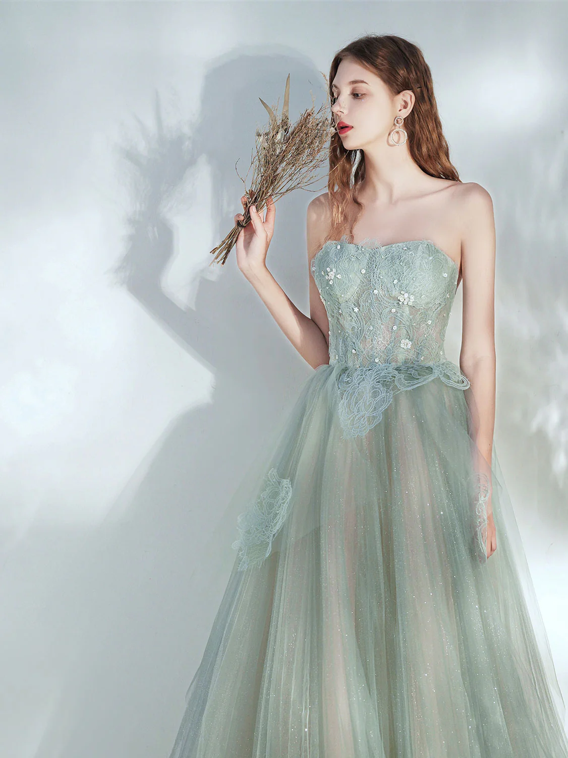 Green Tulle Lace Long Prom Dress, Green Tulle Evening Dress - Deanwangkt