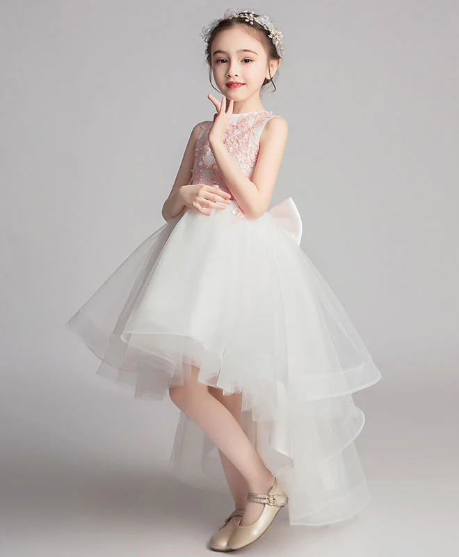 White Round Neck Tulle Lace High Low Prom Dress, Lace Flower Girl Dress - Deanwangkt