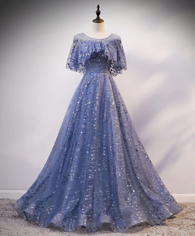 Unique Round Neck Tulle Lace Long Prom Dress Blue Lace Evening Dress - Deanwangkt