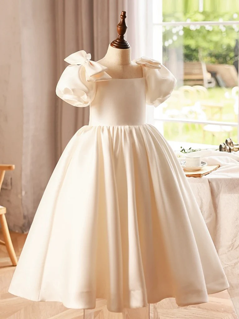 A-Line Puff Sleeves Satin Beige Flower Girl Dress - Deanwangkt