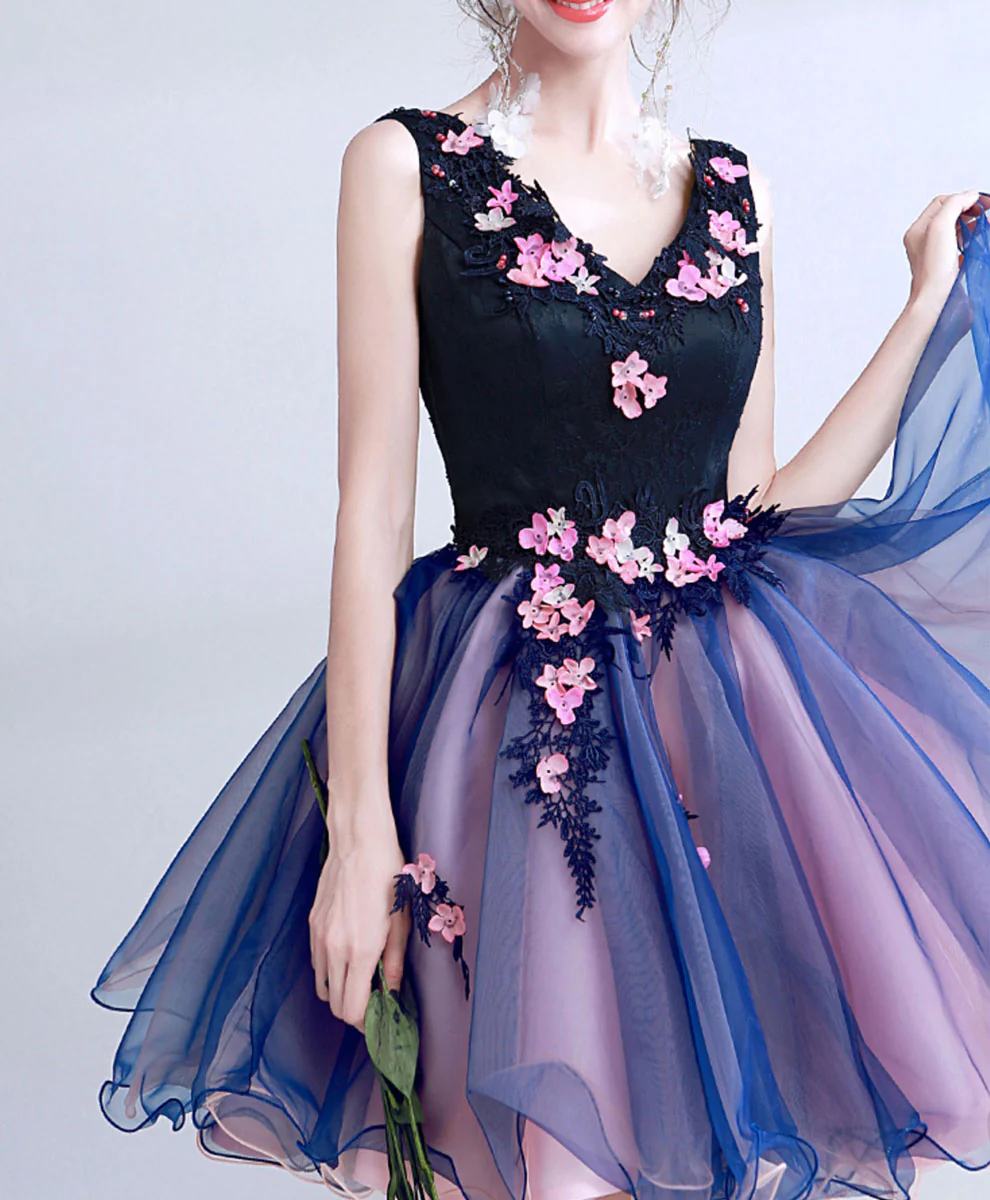 Dark Blue Lace Tulle Short Prom Dress, Puffy Blue Short Homecoming Dress - Deanwangkt