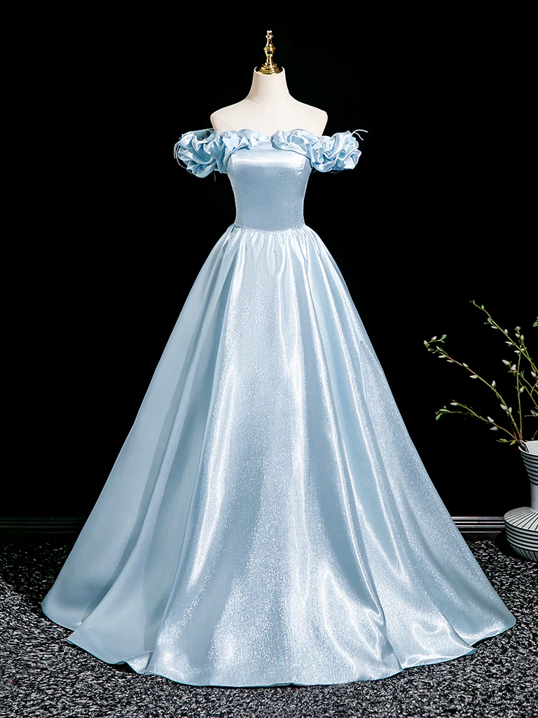 A-Line Off Shoulder Satin Blue Long Prom Dress, Blue Long Formal Dress - Deanwangkt
