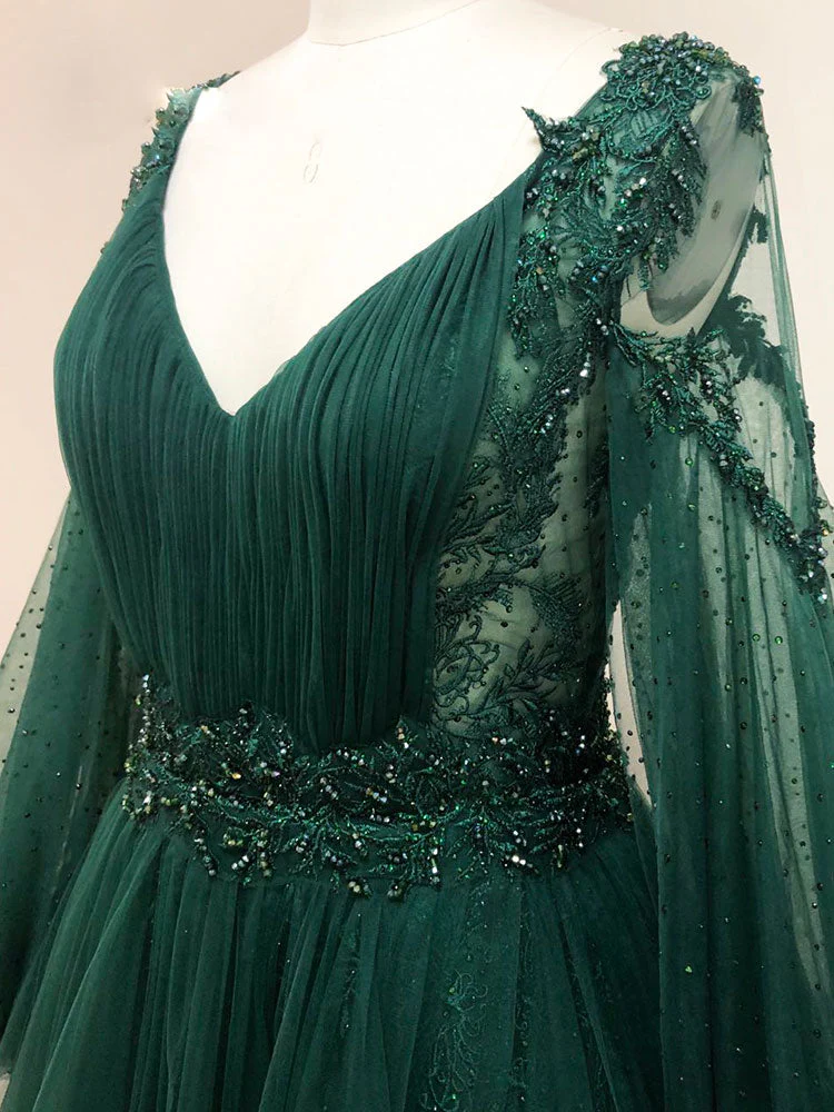 A-Line V Neck Tulle Lace Green Long Prom Dress, Green Formal Evening Dresses - Deanwangkt
