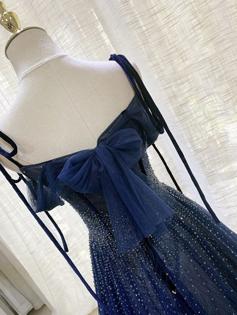 Dark Blue Tulle Sequin Long Prom Dress, Blue Tulle Formal Dress - Deanwangkt