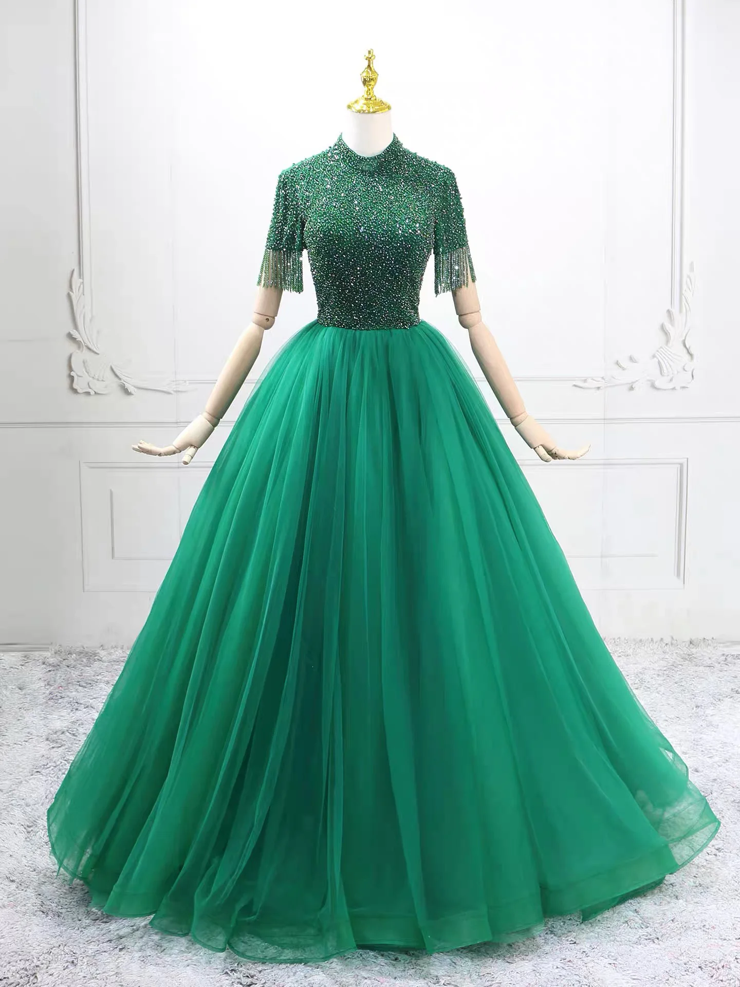 A-Line High Neck Tulle Green Long Prom Dress with Beads - Deanwangkt