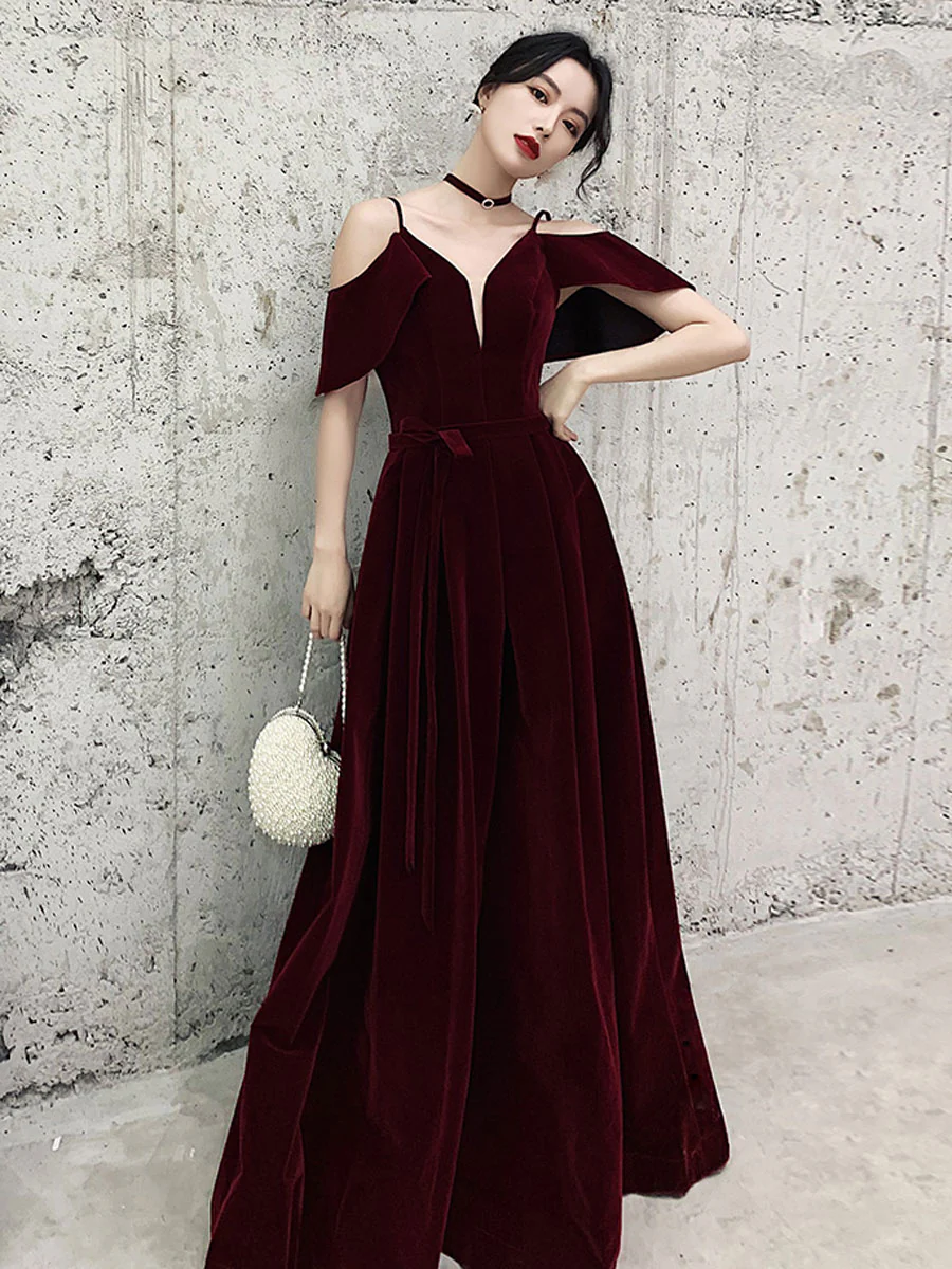 Burgundy Off Shoulder Velvet Long Prom Dress, Burgundy Formal Evening Dresses - Deanwangkt