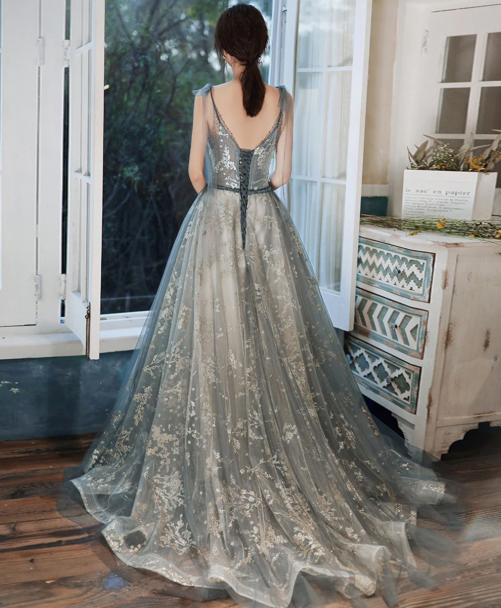 Gray Blue Tulle Sequin Long Prom Dress Tulle Formal Dress - Deanwangkt