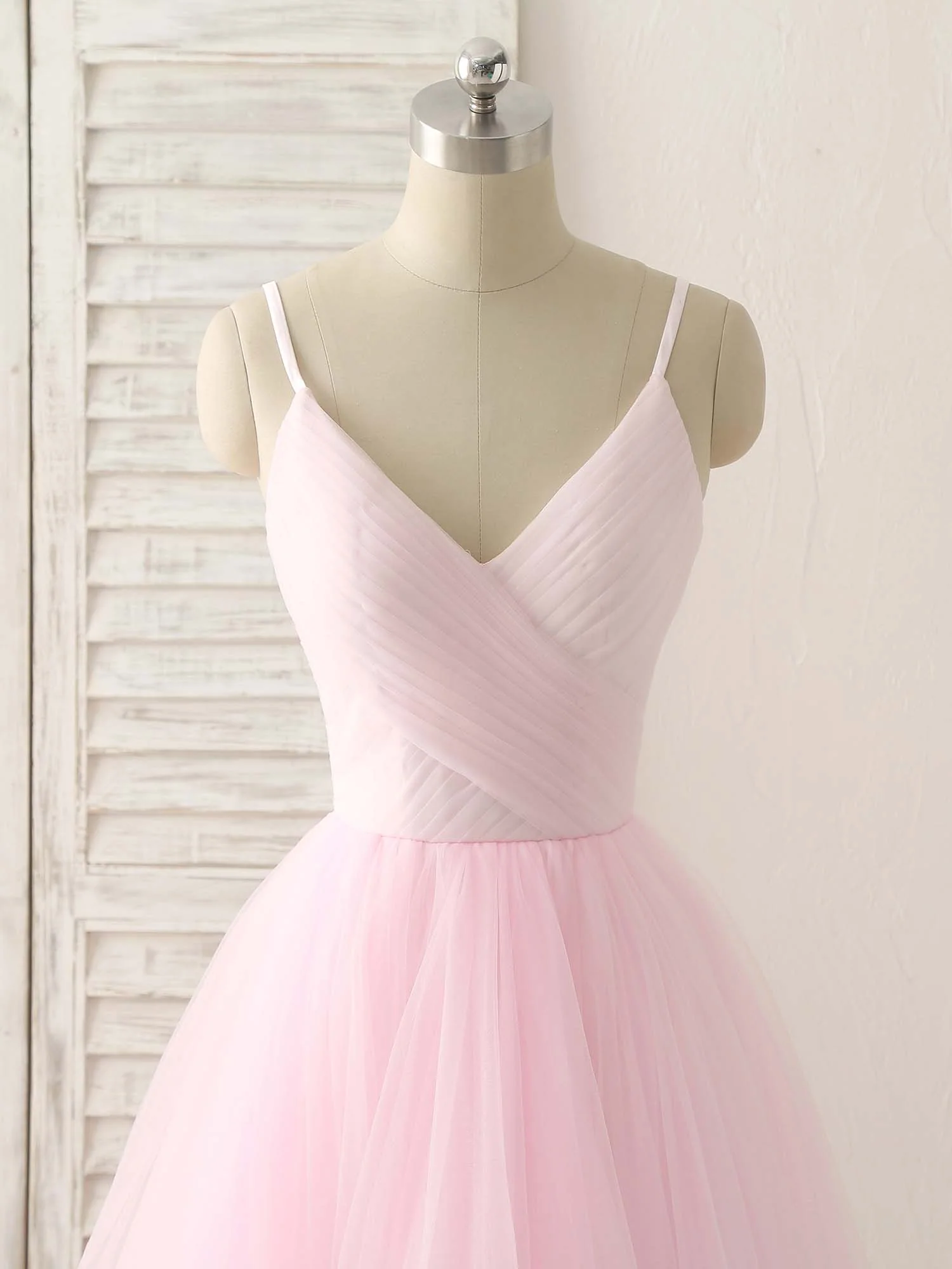 Pink V Neck Tulle Long Prom Dress Simple Pink Tulle Evening Dress - Deanwangkt