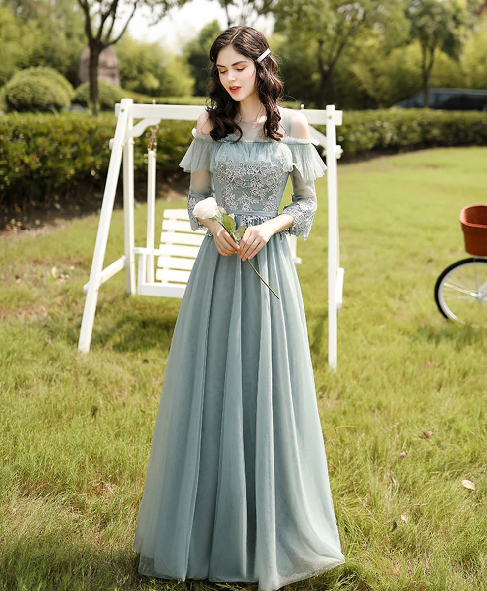 Green Tulle Lace Long Prom Dress, Green Tulle Lace Bridesmaid Dress - Deanwangkt