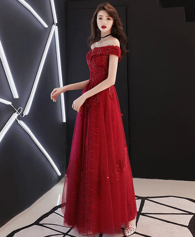 Burgundy Tulle Lace Off Shoulder Prom Dress, Burgundy Evening Dress - Deanwangkt