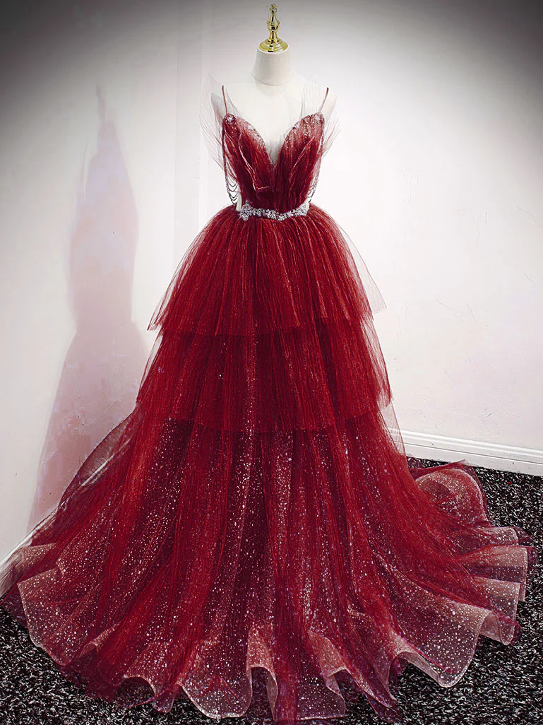 Blue V Neck Tulle Sequin Long Prom Dress, Blue Tulle Formal Dress - Deanwangkt