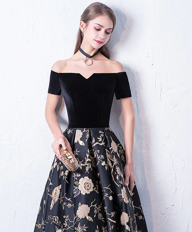 Black Off Shoulder Long Prom Dress, Black Evening Dress - Deanwangkt