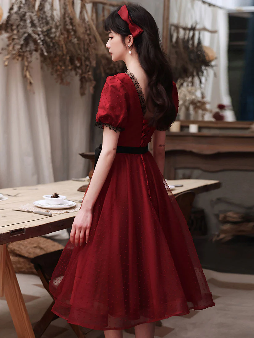 Burgundy Tulle Lace Short Prom Dress, Burgundy Bridesmaid Dress - Deanwangkt