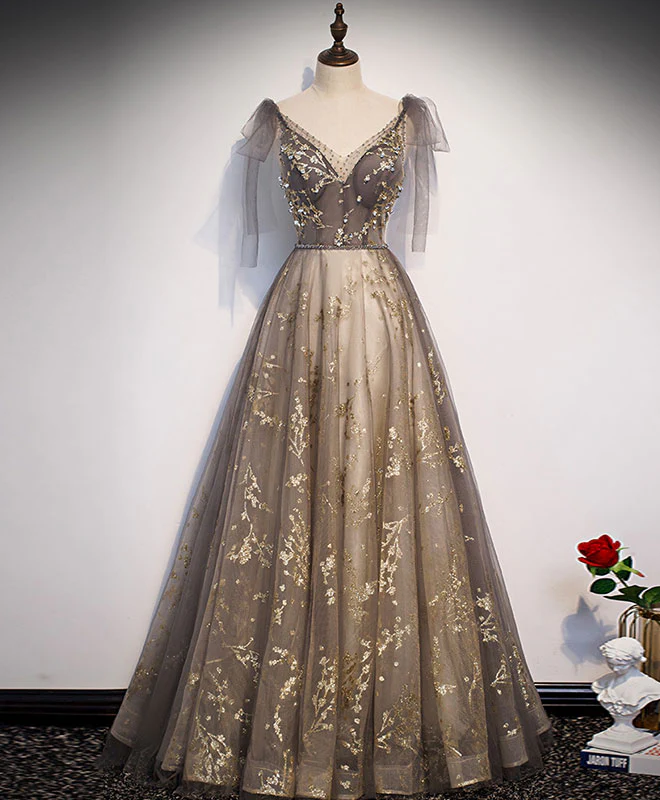Elegant V Neck Gray Gold Tulle Lace Long Prom Dress Tulle Formal Dress - Deanwangkt