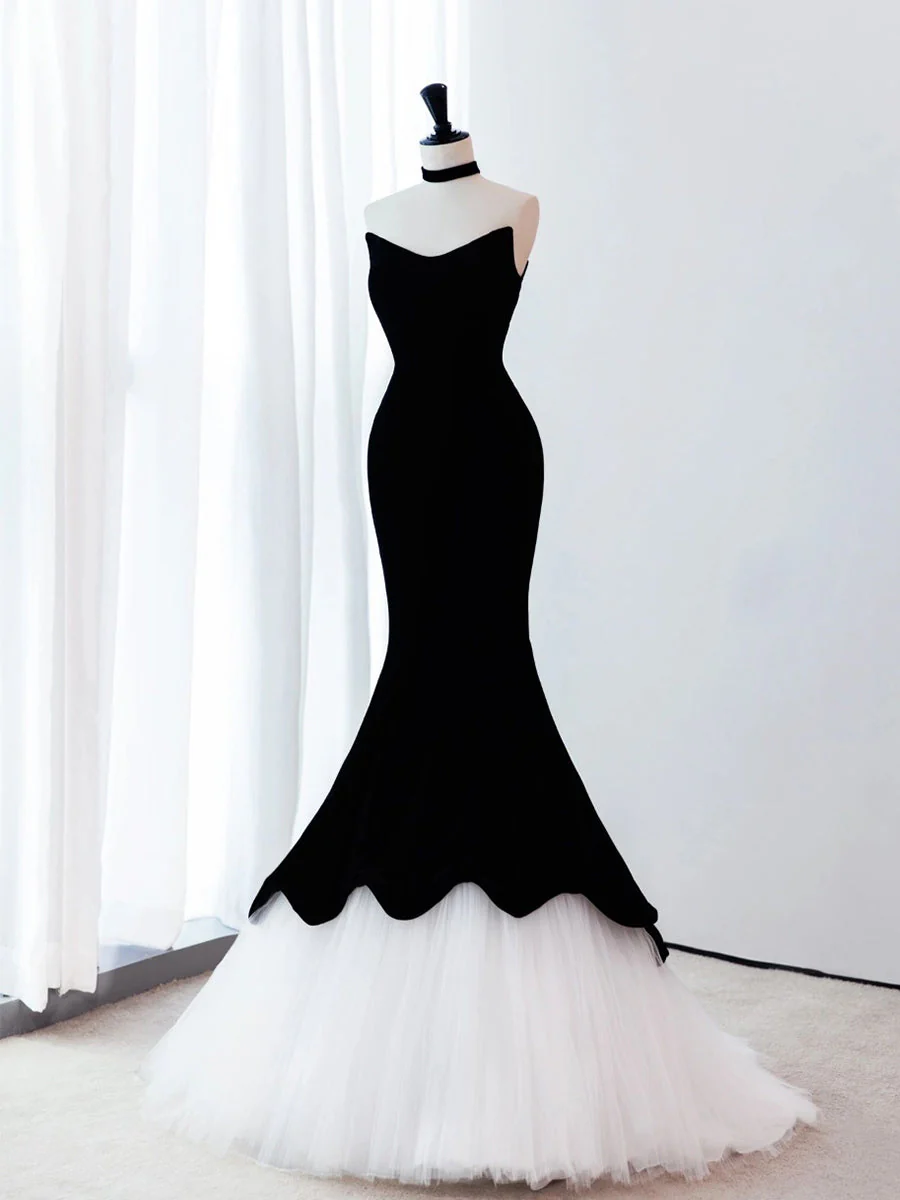 Black/White Velvet Mermaid Long Prom Dress, Black Formal Evening Dress - Deanwangkt