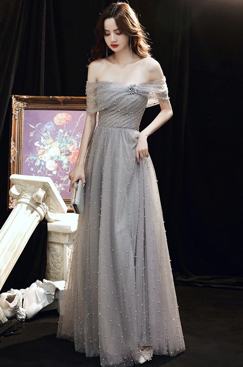 Gray A line Long Prom Dress, A line Formal Graduation Dress with Beading - Deanwangkt