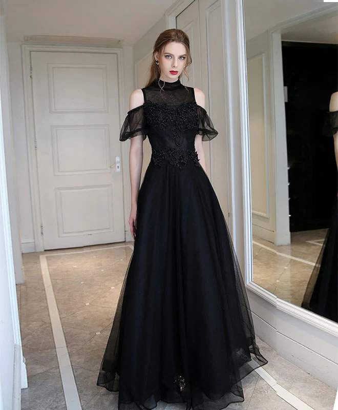 Unique Black High Neck Tulle Long Prom Dress, Black Evening Dress - Deanwangkt