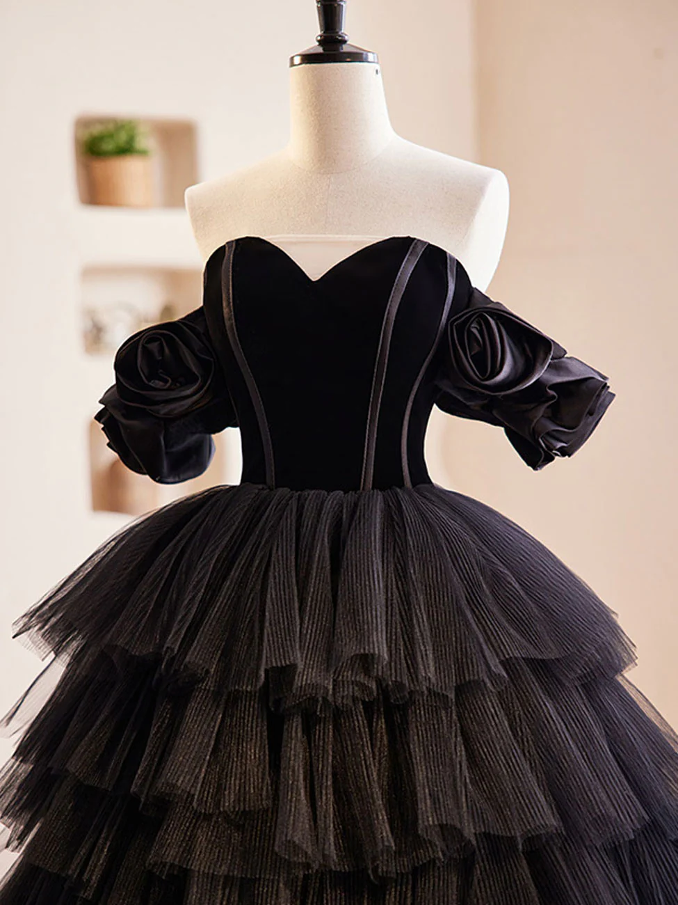 Black Off Shoulder Tulle Long Prom Dress, Black Formal Evening Dress - Deanwangkt