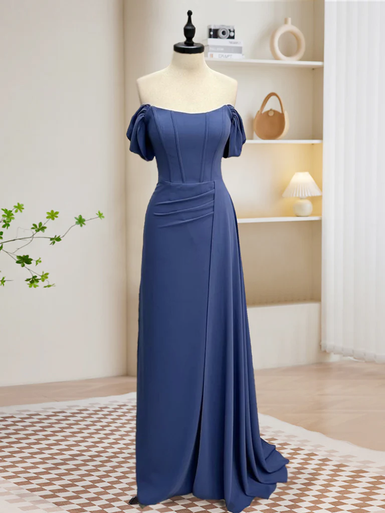Simple Off Shoulder Gray Blue Long Prom Dress, Gray Blue Long Formal Dress - Deanwangkt