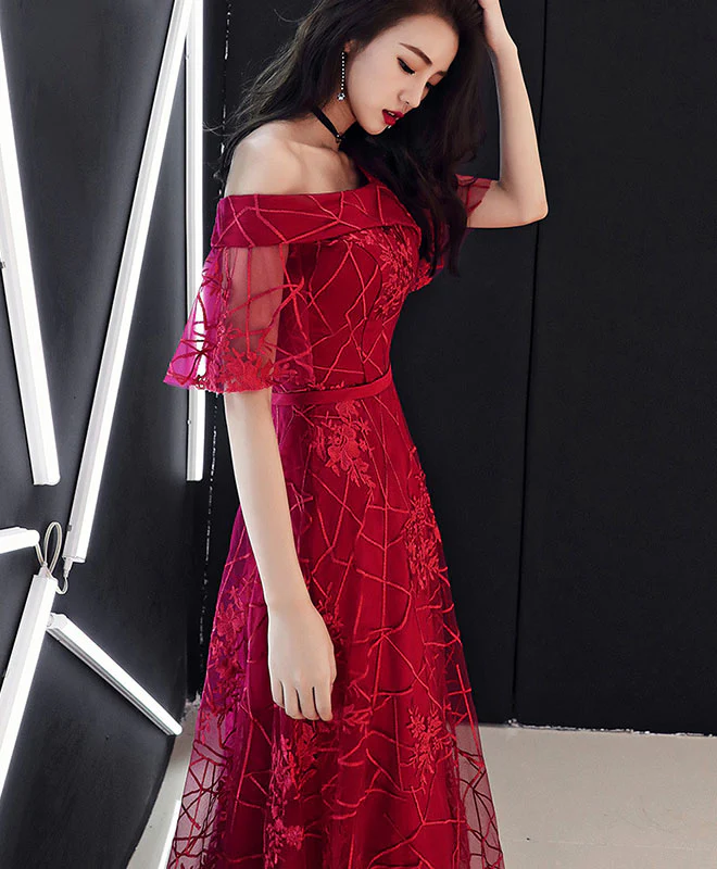 Burgundy Tulle Lace Long Prom Dress Burgundy Lace Formal Dress - Deanwangkt