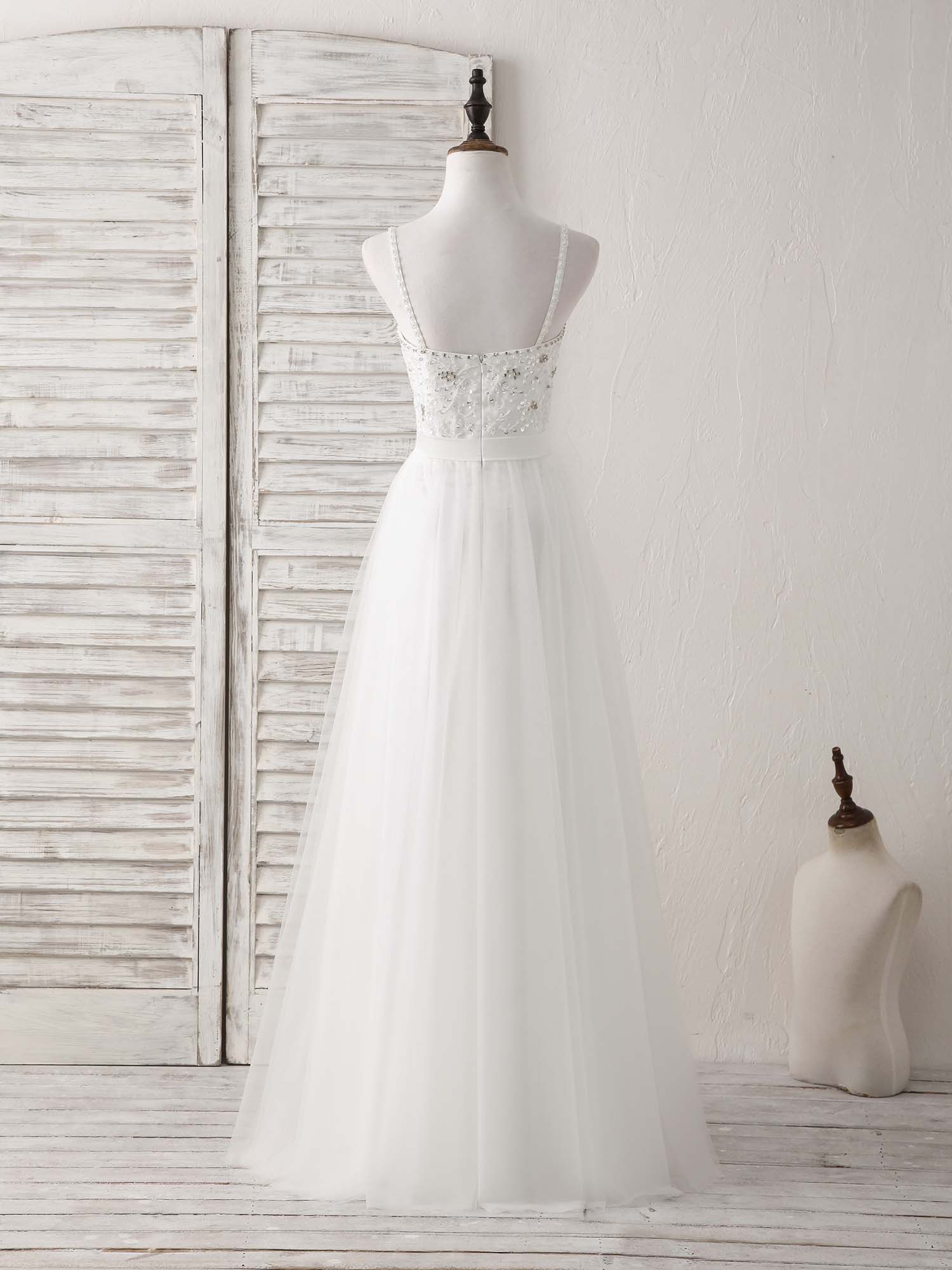 White Sweetheart Neck Tulle Beads Long Prom Dress White Evening Dress - Deanwangkt