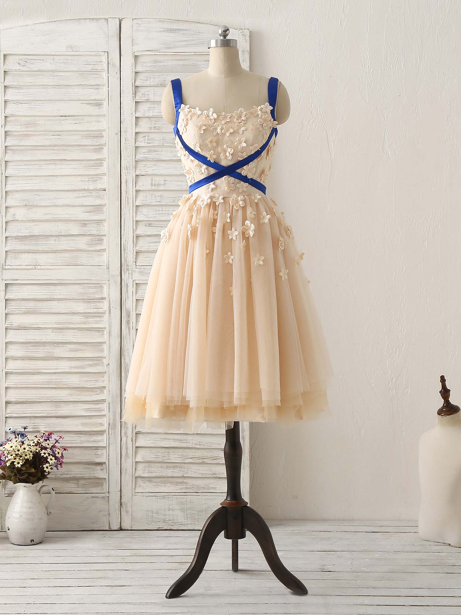 Champagne Tulle Applique Short Prom Dress, Bridesmaid Dress - Deanwangkt
