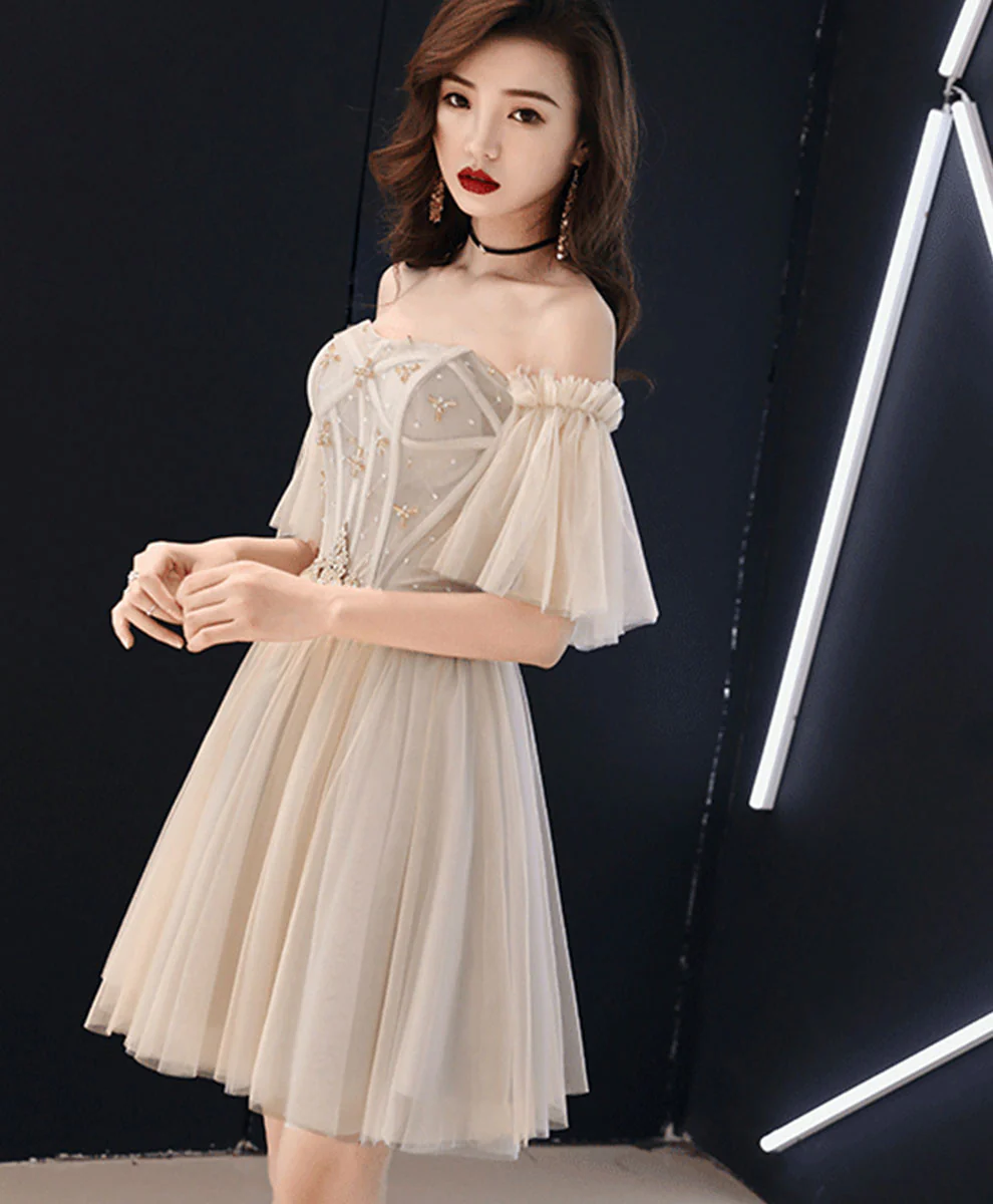 Champagne Tulle Beads Short Prom Dress Tulle Formal Dress - Deanwangkt