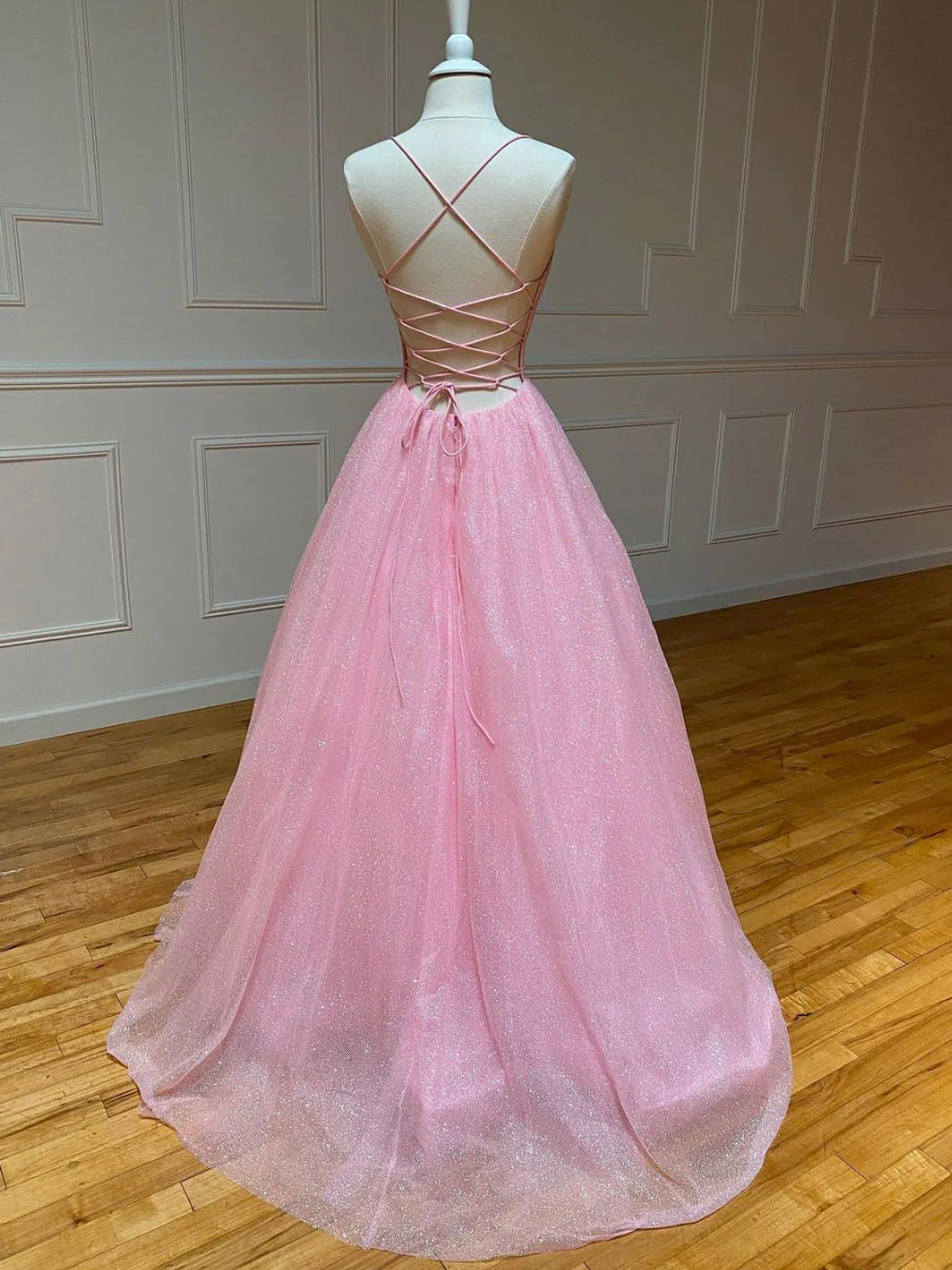 Pink V Neck Long Prom Dress, Pink A-line Sequin Tulle Evening Dress - Deanwangkt