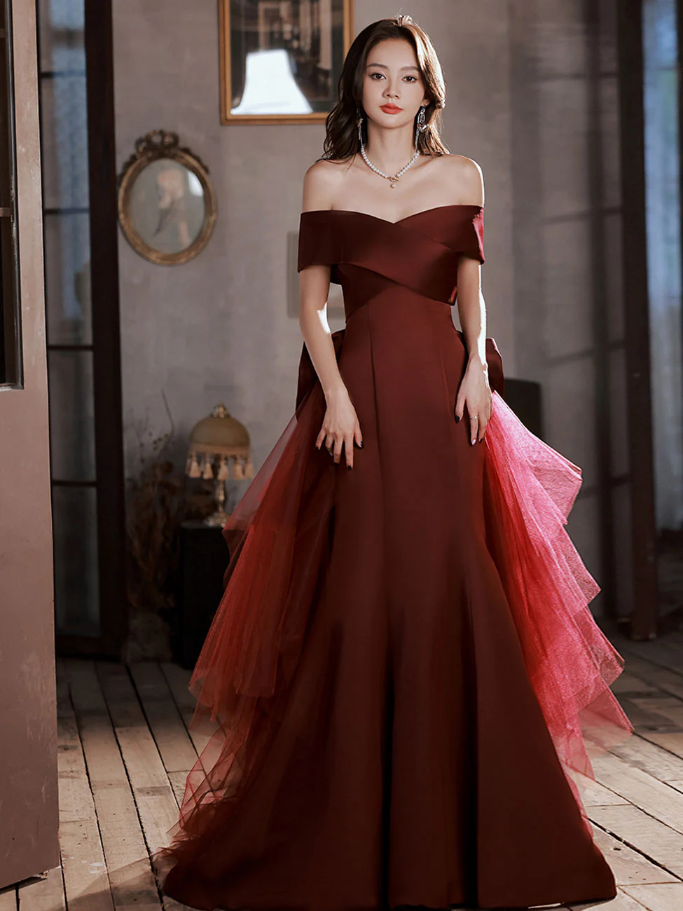 Burgundy Mermaid Sweep Train Long Prom Dress, Off Shoulder Satin Burgundy Evening Dress - Deanwangkt