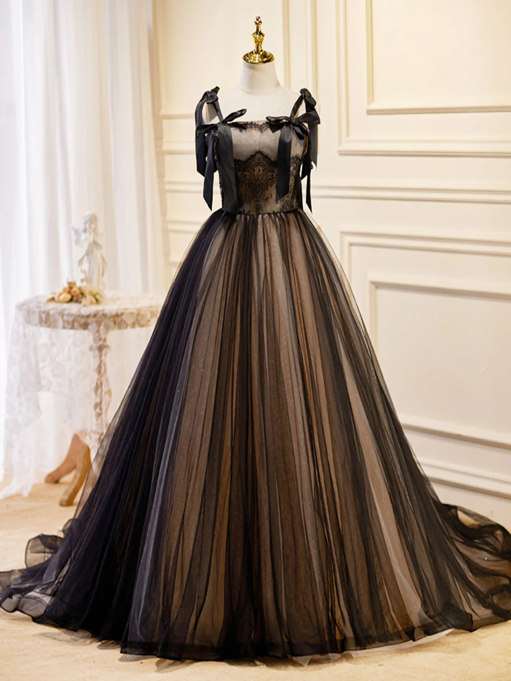A-Line Tulle Lace Black Long Prom Dress, Black Formal Evening Dresses - Deanwangkt