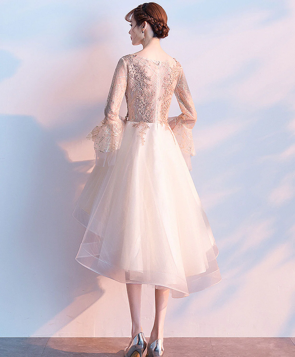 Champagne Round Neck Tulle Lace Short Prom Dress, Evening Dress - Deanwangkt