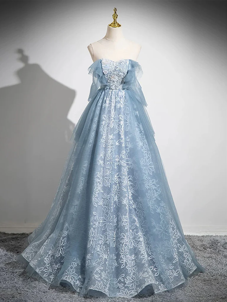A-Line Sweetheart Neck Tulle Lace Gray Blue Long Prom Dress, Gray Blue Evening Dress - Deanwangkt